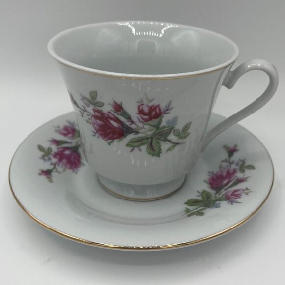 Crescent Fine China Pink Rosebud Teacup & Saucer with Gold Rim - Picture 1 of 4